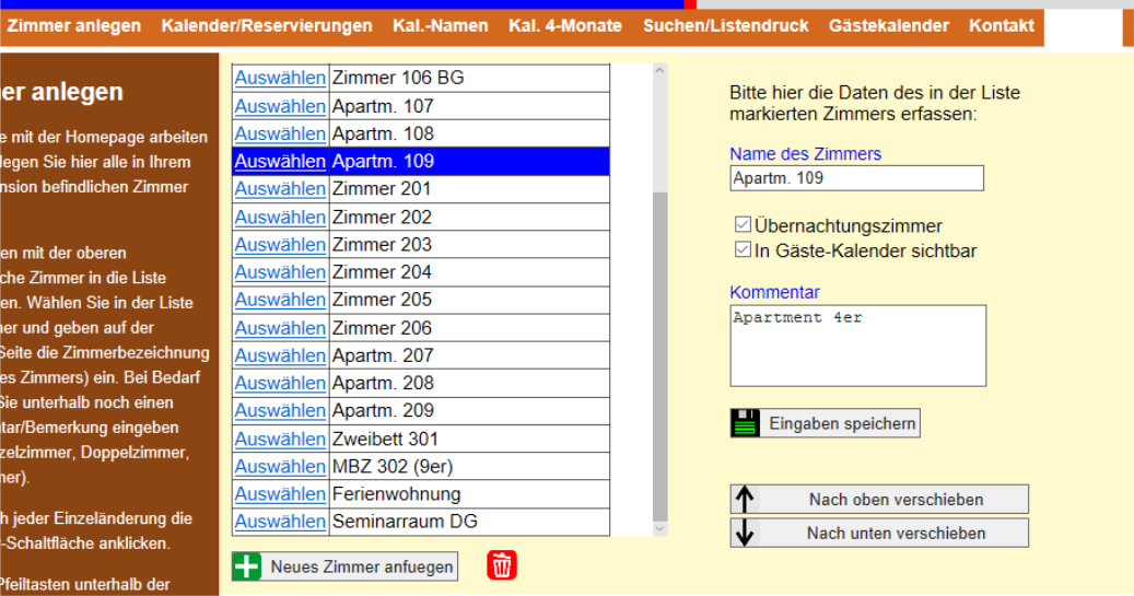 Zimmer einrichten im Belegungsplan